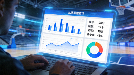 体育数据分析场景，屏幕上显示比赛数据图表与统计指标